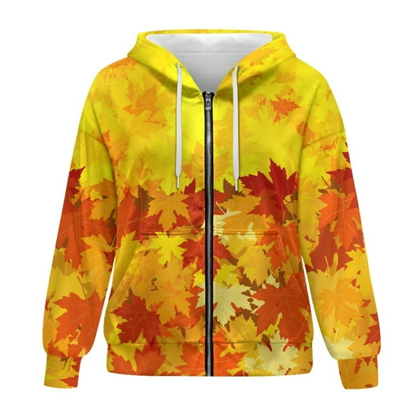 SCRAWLGOD Maple Leaf Women Hooded Zip Up Sweaters for Women Plus Size L Jackets Long Sleeve Women Oversized Sweatshirt Soft Women Outfits Casual for Thanksgiving Fall