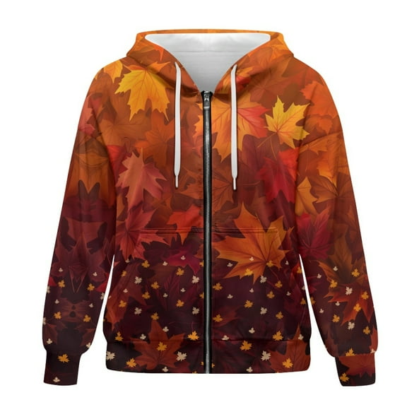 SCRAWLGOD Maple Leaf Women Hooded Zip Up Sweaters for Women Plus Size XS Hoodie Zip Up Long Sleeve Women's Sweatshirts Zipper Front Washable Oversized Zip Up Hoodies Women Thanksgiving Fall