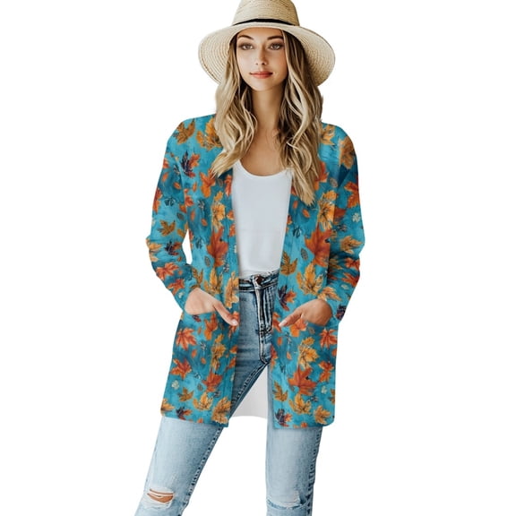 SCRAWLGOD Maple Leaf Women's Cardigan Sweaters Dressy Cardigans for Women Jacket Size 2XL Long Sleeve Work Cardigan for Women Office Elastic Women Fall Outfits for Thanksgiving