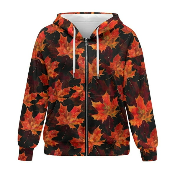 SCRAWLGOD Maple Leaf Women's Graphic Hoodies Zip Up Sweatshirt Women Lightweight Long Sleeve Oversized Hoodies for Women Plus Size XS Comfy Women Fall Outfits for Thanksgiving