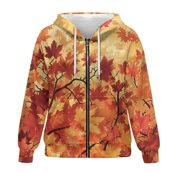 SCRAWLGOD Maple Leaf Women's Hoodies with Zipper Sweaters for Women Plus Size L Long Sleeve Women Oversized Jacket Washable Zipup Hoodie Women Fall for Thanksgiving