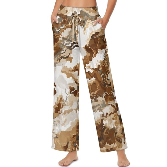 SCRAWLGOD Marble Print Beige Brown Womens High Waist Casual Pants Drawstring Wide Leg Vacation Cozy Lounge Trousers Trendy Flowy Loose Slacks with Side Pockets, XL
