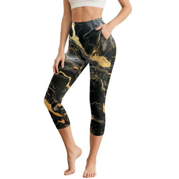 SCRAWLGOD Marble Print Black Golden Stretch Capri Leggings for Women, Lightweight High Waisted Athletic Yoga Pants with Pockets, Breathable Tummy Control Workout Leggings, S