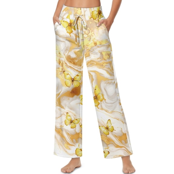 SCRAWLGOD Marble Print Butterfly Golden White Womens Wide Leg Palazzo Pants with Adjustable Tie Knot High Waist Soft Casual Trousers Trendy Lightweight Lounger Slacks with Pockets, S