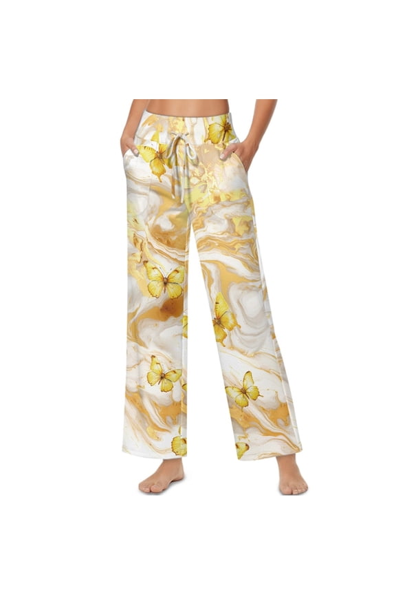 Marble Print Butterfly Golden White Womens Wide Leg Palazzo Pants with Adjustable Tie Knot High Waist Soft Casual Trousers Trendy Lightweight Lounger Slacks with Pockets, XXL