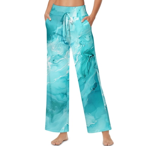 SCRAWLGOD Marble Print Cyan Womens Wide Leg Pants High Waisted Elastic Casual Slacks Cozy Flowy Business Work Palazzo Trousers Pants with Side Pockets, XXL