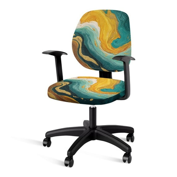 SCRAWLGOD Marble Print Golden Cyan 2 PCS Comfy Office Chair Slipcover Stretchy Computer Desk Chair Seat Covers Easy to Install Anti-Dust High Back Chair Covers