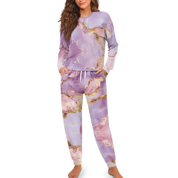 SCRAWLGOD Marble Print Golden Violet Pajama Sets for Women 2 Pack Long Sleeve Tee and Pant with Drawstring Fall Casual Lightweight Sleepwear Lounge Set with Breast-Pocket, M