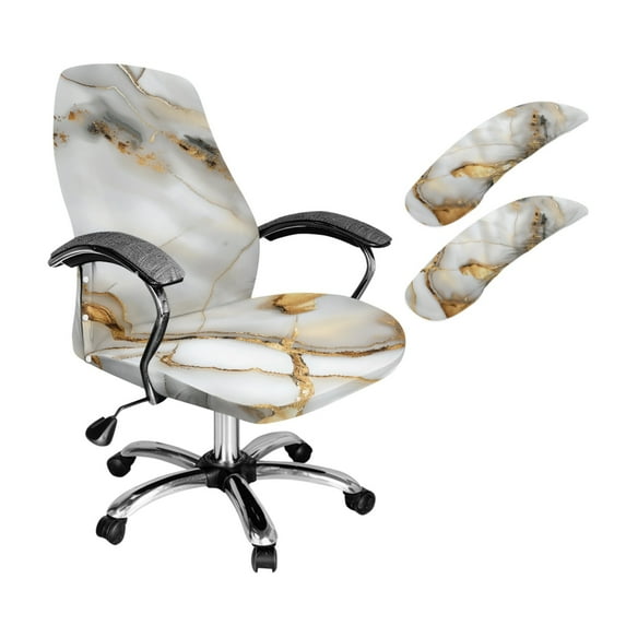SCRAWLGOD Marble Print Golden White Stretchable Office Chair Slipcover with Arm Rest Slipcovers 3 PCS Comfy Rotating Chair Cover Anti-Dust Breathable Swivel Chair Protector, S