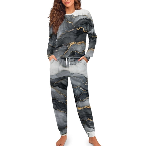 SCRAWLGOD Marble Print Grey Black Women Long Sleeve Pajama Set with Pockets Comfortable 2 Piece Pjs Pants with Elastic Band Round Collar Drawstring Sleepwear Lounge Set, M