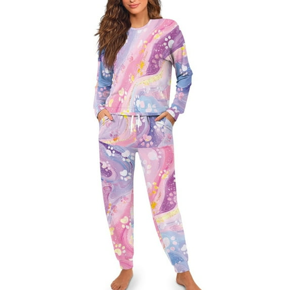 SCRAWLGOD Marble Print Paws Pink Violet Women's 2 Pack Pajama Sets with Elastic Band Fall Casual Long Sleeve Tops Jogger Pants with Pockets Loungewear Matching Outfits Clothing, M