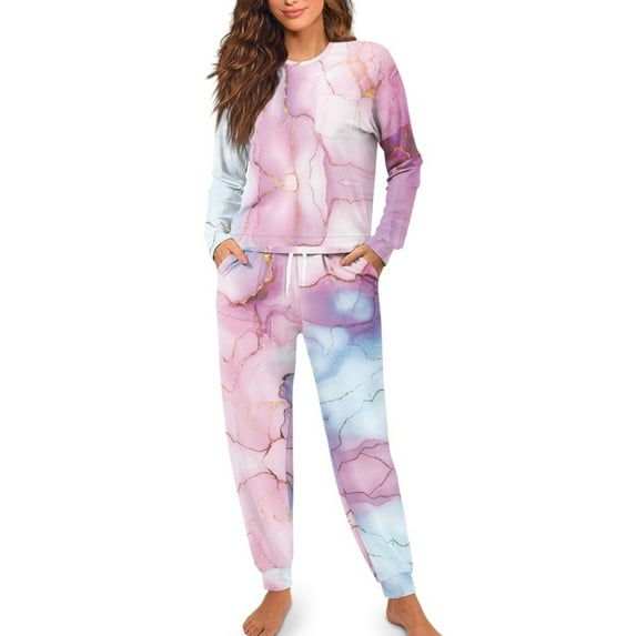 SCRAWLGOD Marble Print Pink Blue Women's Pajama Sets Long Sleeve Pullover Top and Full-Length Bottom with Pockets Drawstring, Soft Lounge Set Pockets Two Piece Outfits, XL