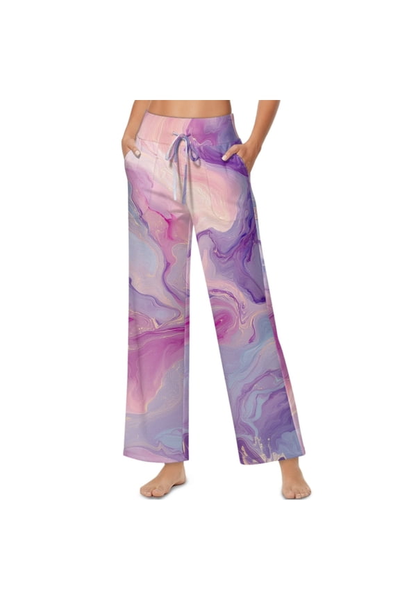 Marble Print Pink Violet Women’s Palazzo Trousers Pants with Adjustable Tie Knot High Waisted Wide Leg Daily Trousers Comfy Elastic Flowy Slacks with Side Pockets, M