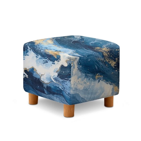 SCRAWLGOD Marble Print White Blue Ottoman Cover, Stretch Square Velvet Ottoman Slipcovers Foot Stool Cover for Living Room, Folding Storage Furniture Protector