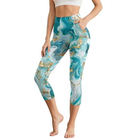SCRAWLGOD Marble Print White Blue Women's Capri Leggings with Pockets - 4 Way Stretch Yoga Pants Lightweight Casual Yoga Pants with Tummy Control for Workout Running Gym, M