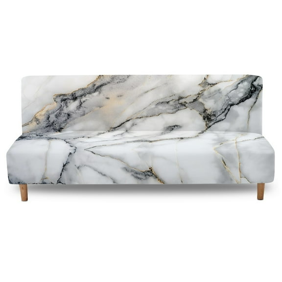 SCRAWLGOD Marble Print White Futon Cover Stretch Armless Futon Sofa Cover with Elastic Bottom Soft Thick Sofa Bed Furniture Protector Covers, Machine Washable