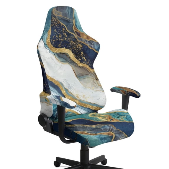 SCRAWLGOD Marble Print White Golden Blue Print 4 PCS Gaming Chair Cover, Stretch Desk Chair Covers with 4 PCS Armrest Cover Removable Computer Chair Slipcovers Washable Furniture Protector