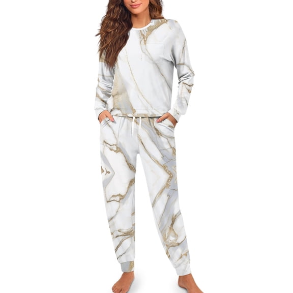 SCRAWLGOD Marble Print White Golden Women's Long-Sleeve Top and Full-Length Bottom Round Collar Pajama Set Comfy Sleepwear Lounge Set with 2 Pockets, Elastic Band, Drawstring, M