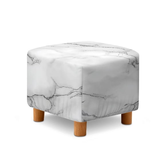 SCRAWLGOD Marble Print White Gray Footstool Cover, Removable Square Slipcover with Elastic Bottom Breathable Foot Stool Protection Universal Fit for Most Footrest Sofa