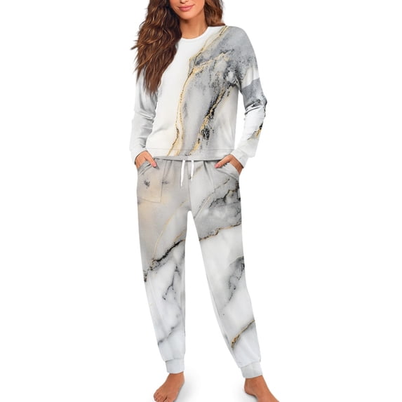 SCRAWLGOD Marble Print White Gray Women’s Pajamas Set Drawstring 2 Piece Lightweight Lounge Set Long Sleeve Pjs Soft Sleepwear Full-Length Pants with Pockets Elastic Band, S