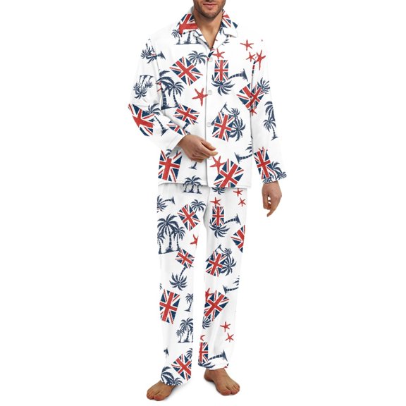 SCRAWLGOD Mens Pajamas Set, Comfy Button Down Notched Collar Pajamas for Men, Long Sleeve Mens Sleepwear with Pockets & Elastic Band, Set of 2, Palm Tree Union Jack Starfish White, XL