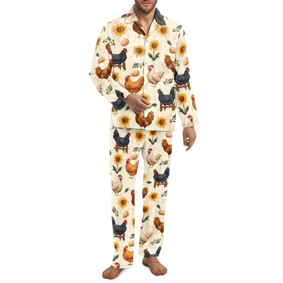 SCRAWLGOD Mens Polyester Pajama Set, 2 Pcs Wrinkle-Free Button Down Pajama Set for Men, Men's Sleepwear with Pockets, Long Sleeve Loungewear, Rooster Chicken Sunflower Egg Beige, XL