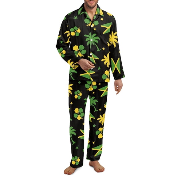 SCRAWLGOD Mens Polyester Pajama Set with Pockets, Long Sleeve Button Down Pajama Set for Men, Men's Sleepwear, Notch Collar Casual Loungewear, Jamaican Flag Hibiscus Palm Tree Black, 4XL