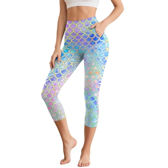 SCRAWLGOD Mermaid Scales Blue Pink Workout Capri Leggings with Pockets for Women, Breathable Casual Yoga Pants Leggings Squat Proof High Waisted Gym Athletic Cropped Tights, M