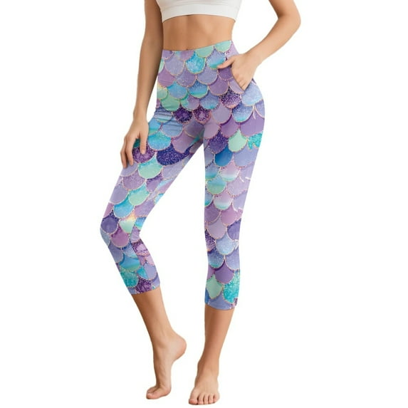 SCRAWLGOD Mermaid Scales Blue Violet Women's Workout Capri Leggings for Women with Pockets Active Lightweight High Waisted Legging for Running Yoga Pants Gym Casual Summer, S