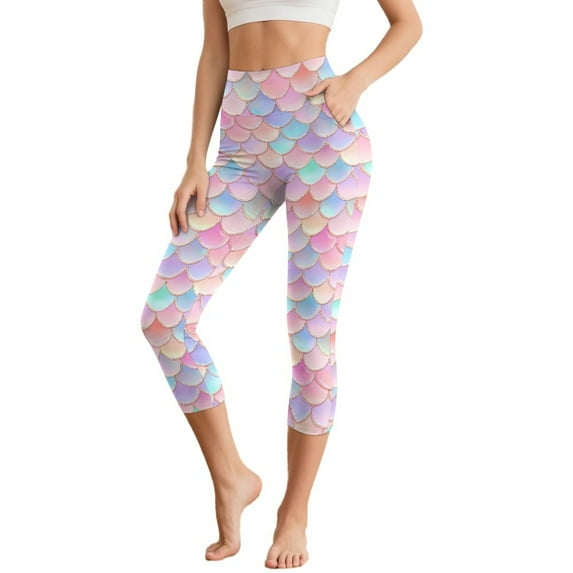 SCRAWLGOD Mermaid Scales Pink Blue Workout Capris Leggings for Women with Pockets High Waisted Tummy Control Yoga Pants Casual Lightweight Breathable Yoga Lounge Tights, XXL