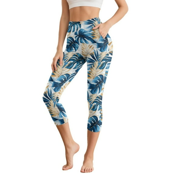 SCRAWLGOD Monstera Leaf Blue White Leggings for Women, High Waist Capri Yoga Leggings, Squat Proof Running Yoga Pants, Workout Running Yoga Leggings with Pockets for Women, XXL
