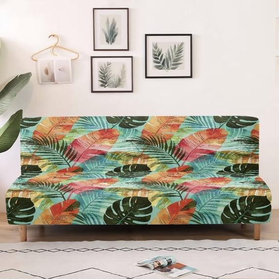 SCRAWLGOD Monstera Palm Leaf Print Sofa Cover with Elastic Bottom Armless Futon Slipcovers Washable Dustproof Soft Couch Covers Anti Scratch for Living Room