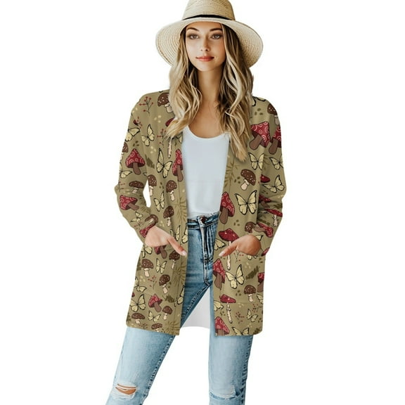 SCRAWLGOD Mushroom Butterfly Womens Cardigan Sweaters Dressy Casual Soft Cardigan Size S Long Sleeve Women's Cardigan Sweaters with Pockets Loose Women Jackets Fashion