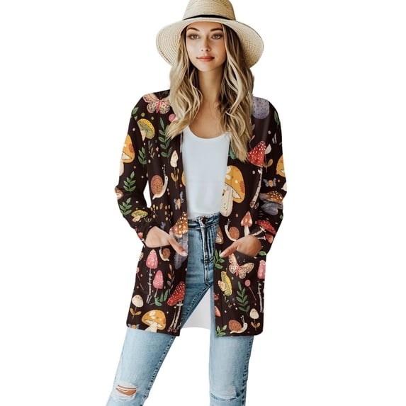 SCRAWLGOD Mushroom Cardigan Sweaters for Women Dressy Jackets for Women Trendy Long Sleeve Women Lightweight Coat Stretchy Lounge Cardigans for Women Soft Size S