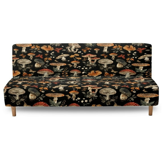 SCRAWLGOD Mushroom Floral Leaf Print Black Futon Cover for Armless Sofa Bed, Dustproof Futon Mattress Covers Couch Cover Protector with Elastic Bottom for Cats and Dogs
