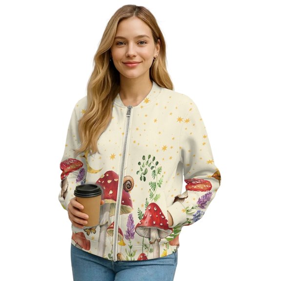 SCRAWLGOD Mushroom Floral Stars Moon Print Beige Women's Zip Up Jacket Casual Long Sleeve Crewneck Sweatshirts Lightweight Comfortable Fall Coat Outerwear with Pockets, 3XL