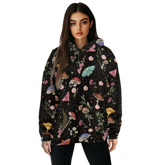 SCRAWLGOD Mushroom Hoodies for Women Pullover Plus Size 2XL Tops for Women Fallwith Long Sleeves Ladies Hooded Sweatshirts Elastic Womens Hoodies Pullover Trendy for Holidays