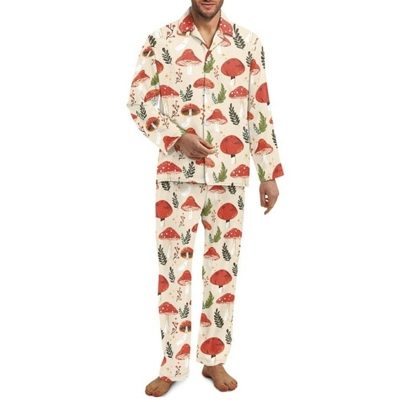 SCRAWLGOD Mushroom Leaf Beige 2 PCS Mens Long Sleeve Pajama Set with Pockets Button-Down Lightweight & Cozy Sleepwear Casual Wrinkle-Free Lightweight Pj Set, L