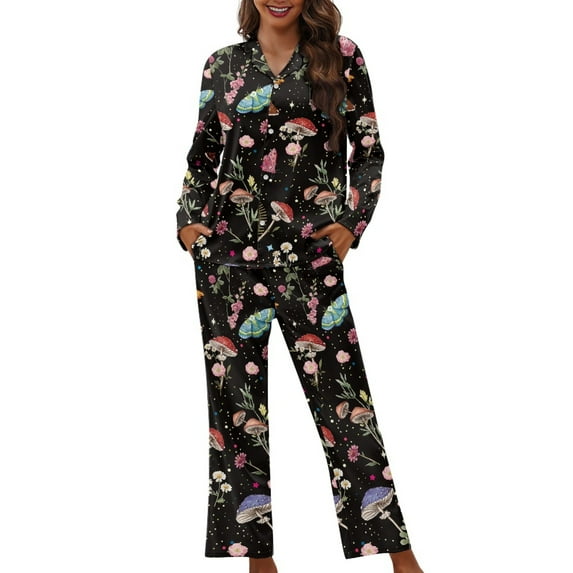 SCRAWLGOD Mushroom Pajamas Women Long Sleeve Button Pjs for Women Set 2 Piece Lounge Size XS V Neck Woman Sleepwear Washable Women's Pajama with Pockets