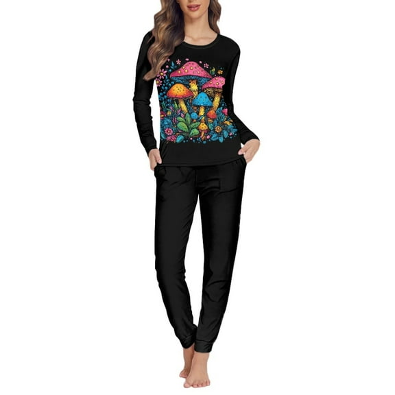 SCRAWLGOD Mushroom Pajamas Women Set 2 Pjs Sets for Women Long Sleeve and Pants Pj Set Size 4XL Crewneck Women Lounge Set Fall Lightweight Women Sleepwear Set