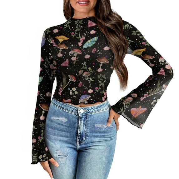 SCRAWLGOD Mushroom Plant Women Bell Sleeve Tops Size XL Lettuce Trim Flowy Tops Mock Neck Party Going Out Top Aesthetic Slim Shirts Flare Top for Women Ladies