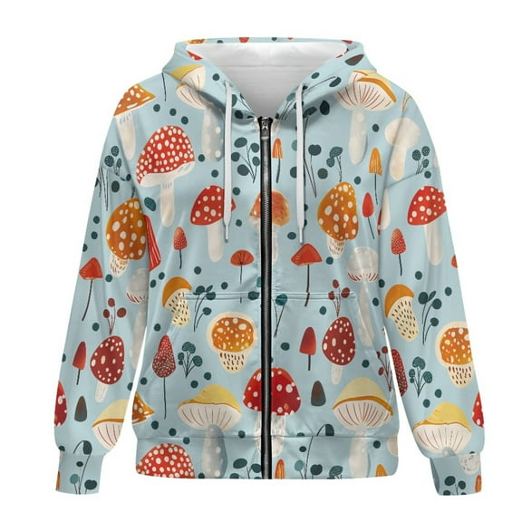 SCRAWLGOD Mushroom Print Zip Up Hoodie Women Lightweight Oversized Sweaters for Women Long Sleeve Women Clothes Trendy Casual Zipper Hoodies for Women Picnic Plus Size XS