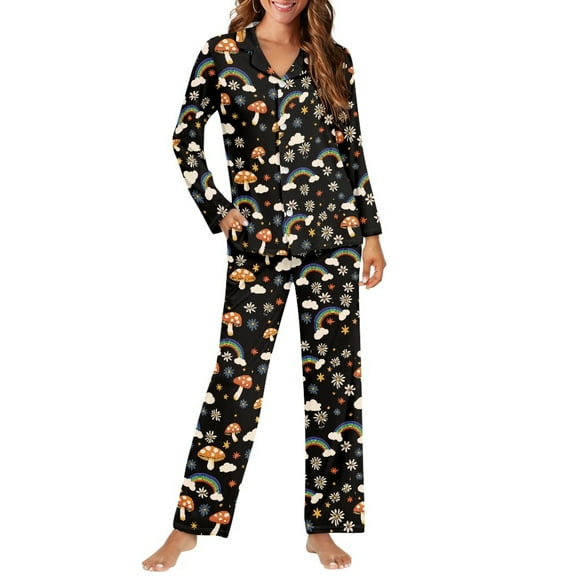 SCRAWLGOD Mushroom Rainbow Pjs for Women Sleepwear Set of 2 Piece Button Up Lounge Set Women Size XL V Neck Ladies Pajamas Lightweight Woman Sleepwear