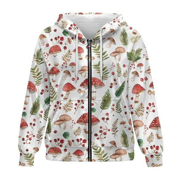 SCRAWLGOD Mushroom Woman Zipper Hoodies for Women Lightweight Oversized Sweater Long Sleeve Activewear Women Jacket Size L Warm Women Outfits Casual Work