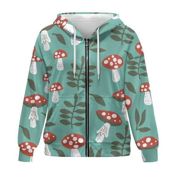 SCRAWLGOD Mushroom Woman Zipper Hoodies for Women Oversized Sweatshirt with Hood Long Sleeve Ladies Hoodies Zip Front Size XS Casual Sportswear Hoodie Women Travel
