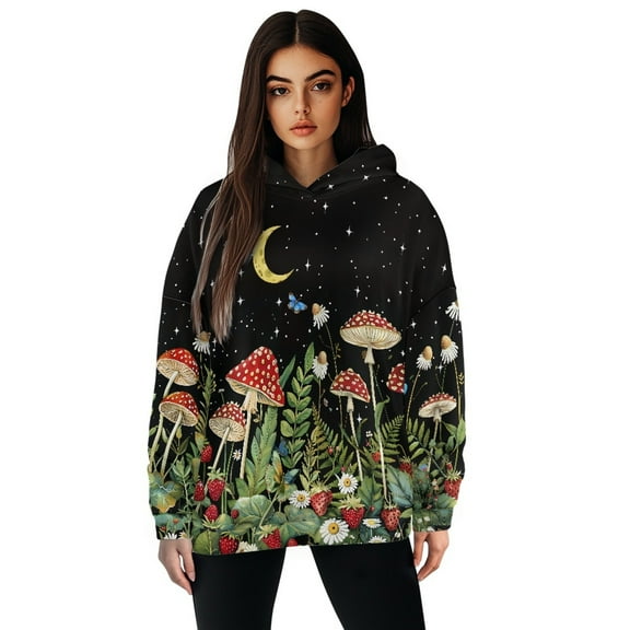 SCRAWLGOD Mushroom Women's Lightweight Hooded Sweaters Hoodies Pullover Sweatshirts Long Sleeve Fall Outfits Casual Hoodies for Women Trendy Size XL Crewneck Sweatshirt Women Plus