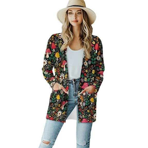 SCRAWLGOD Mushroom Womens Cardigan Sweaters Dressy Cardigan Sweaters for Women with Pockets Size L Women's Long Sleeve Cardigan Elastic Sweater Jacket for Women Trendy
