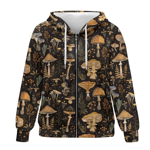 SCRAWLGOD Mushrooms Women's Zip Up Hoodie Plus Size XL Graphic Hoodies for Women Park Comfortable Women Oversized Sweatshirt Soft Active Wear for Women Fashion
