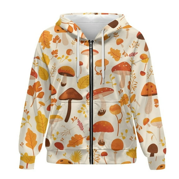 SCRAWLGOD Mushrooms Women's Zip Up Hoodie Women Lightweight Sweatshirts with Zipper Long Sleeve Oversized Hoodies for Women Trendy Soft Ladies Hooded Sweaters Size L for Party
