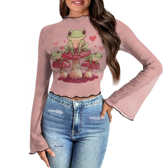 SCRAWLGOD Mushroon Frog Women Bell Sleeve Tops Size L Pink Slim Shirts for Daily Wear Mock Neck Sheer Tops for Ladies Cute Long Sleeve Lettuce Trim Blouse